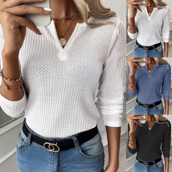 Langærmet V-hals tunika til kvinder til at bære med leggings Loose Fit vaffelstrikkede trøjer black S