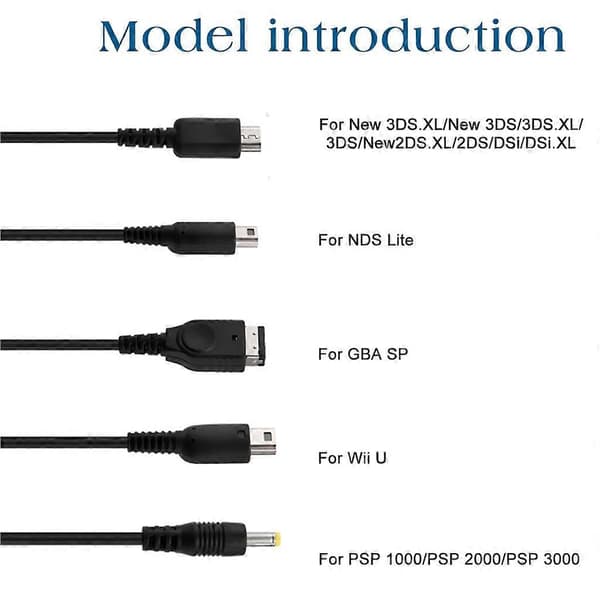 Lader for NDSL/WiiU/3DS XL 2DS DsiXL for NDS/GBASP/PSP1000 5-i-1 ladekabel