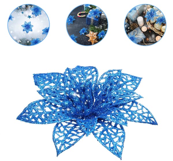 24 stk Christmas Sparkle Julestjerne Blomster Kunstige Blau