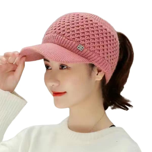 Stickad mössa Tom topp plyschfoder Casual Toppad Stretchig Håll dig varm Enfärgad Höst Vinter Dam Cap för utomhusbruk Pink