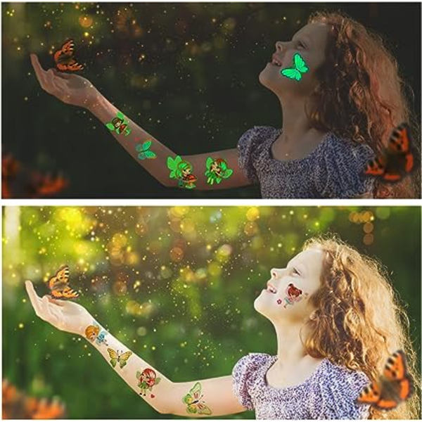 Fairy Temporary tatueringar för flickor, 10 ark självlysande barntatueringar Butterfly Fairy, tatuering för flickor, födelsedagspresent Barninbjudning