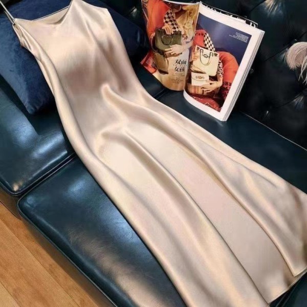 Slip dress -mekko ranskalaisella satiinilla V-kaula-aukko yksivärinen muoti löysä White L