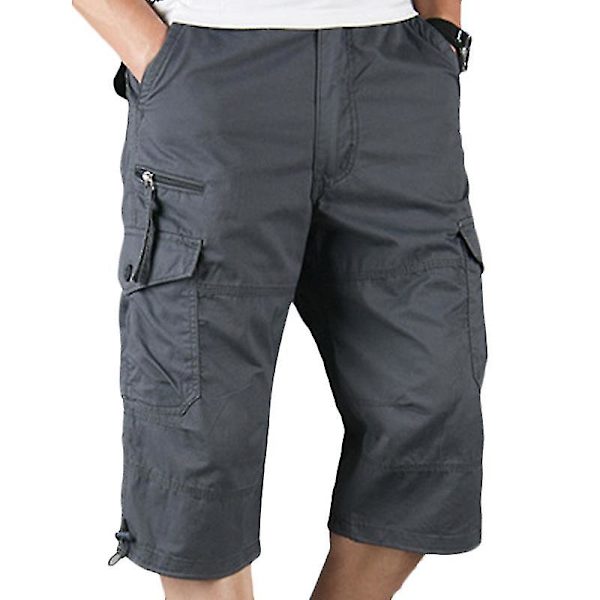 Män Plain 3/4 Längd Cargo Pants Combat Multi Pockets Dark Grey 2XL