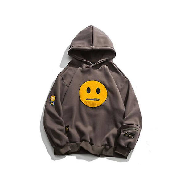 Smiley Patch Luvtröja Herr Hip Hop Athleisure Pullover Jacka Herrtopp med dragkedjefickor på sidan XL Khaki
