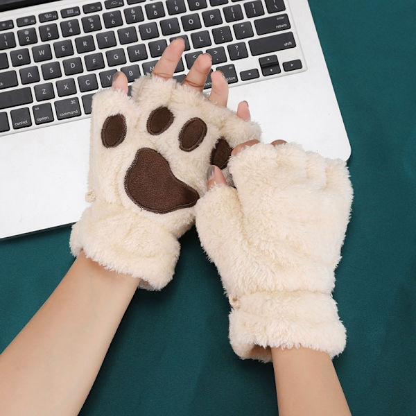 Nya Vinterhandskar Kvinnor Björn Plysch Katt Tafs Klo Handskar Söt kattunge Fingerless vantar Jul Halloween för flickor Presenthandskar Beige