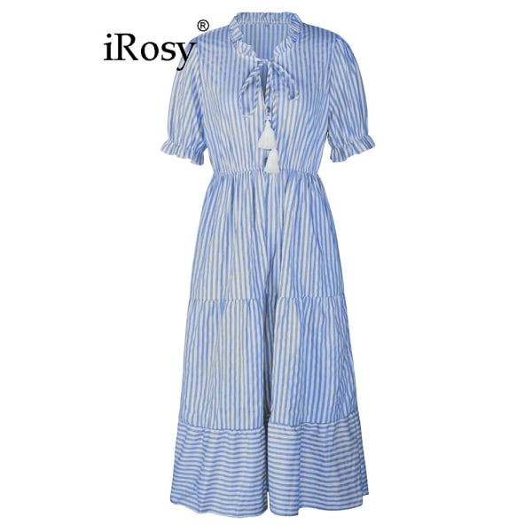 Randig, kortärmad, hög midja midiklänning för kvinnor med strängar Chic och elegant A-linjeklänning för damer sommarkläder för kvinnor greenstriped S