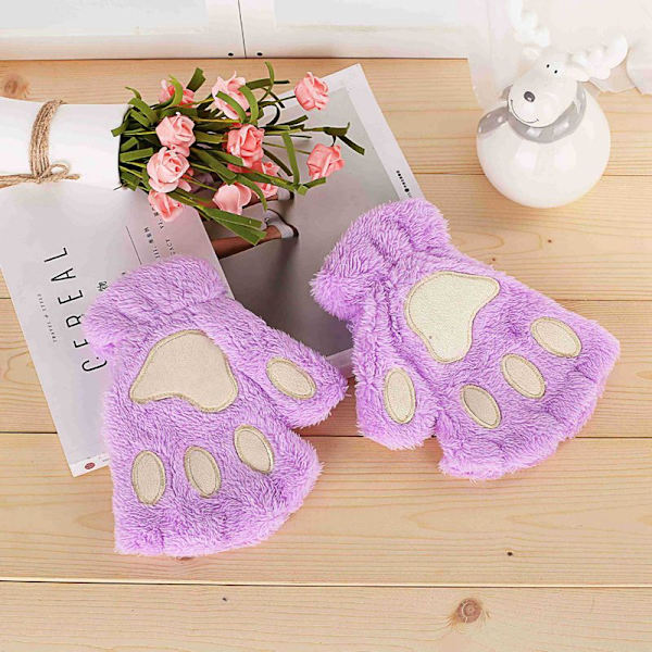 Nya Vinterhandskar Kvinnor Björn Plysch Katt Tafs Klo Handskar Söt kattunge Fingerless vantar Jul Halloween för flickor Presenthandskar Lavender