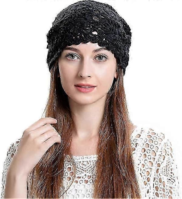 Dam Sommar Stickade Mössor Handgjord Virkad Mössa Slouch Beanie Mössa Svart