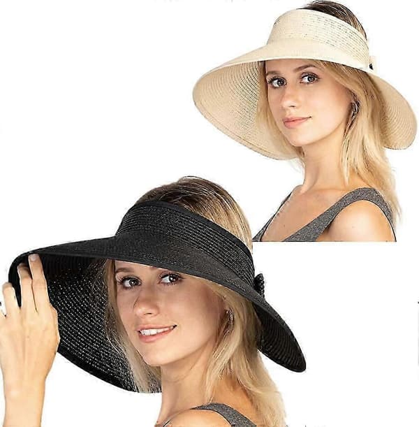 Damevisir Sammenfoldelig Stråhat Justerbar Størrelse Bred Skygge Hat (Sort + Beige)