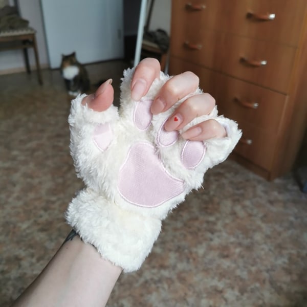 Nya Vinterhandskar Kvinnor Björn Plysch Katt Tafs Klo Handskar Söt kattunge Fingerless vantar Jul Halloween för flickor Presenthandskar Pink