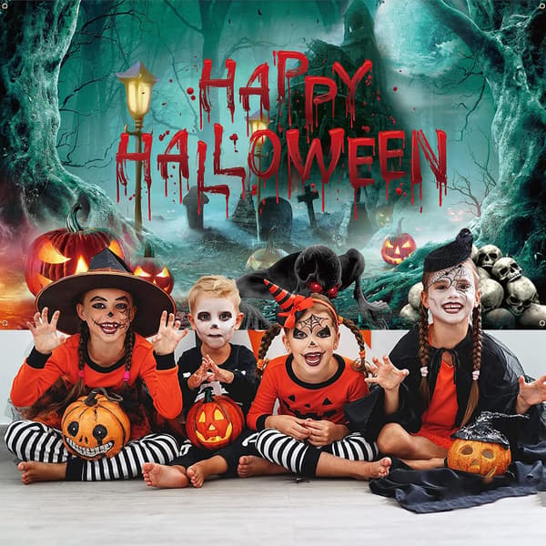 Grønn Halloween bakgrunnsbanner - gresskarflaggermusgravplass