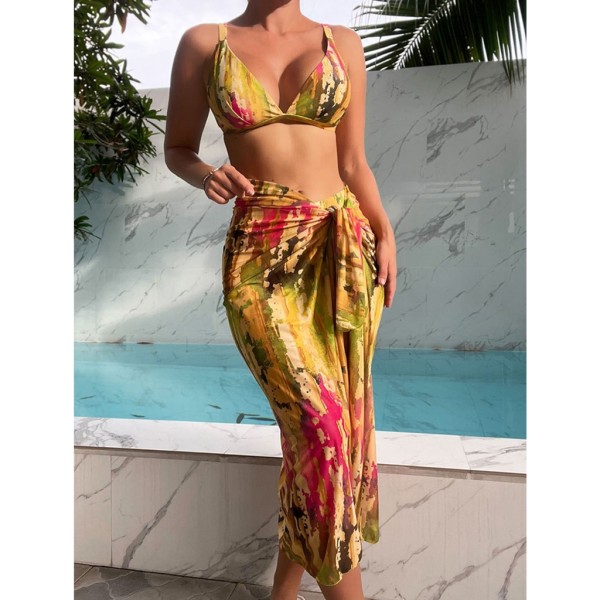 Baddräkt sommar med print för kvinnor 3 delar delade badkläder med strandkjol Dam högskurna bikini baddräkt Strandkläder L