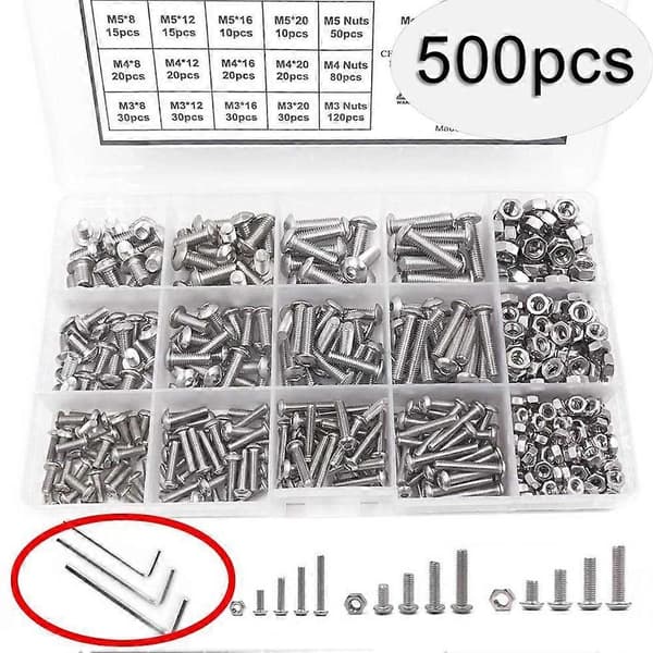 500 stk M3 M4 M5 sekskantede skruer og muttere i rustfritt stål med knapphode QinHai