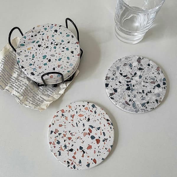 Terrazzo Marmor Absorberende Coasters med Holder Sæt af 4, Coasters til Drikkevarer, Coasters Sofabord, Coaster Sæt, Marmor Coasters, Drikke Coasters, Sto
