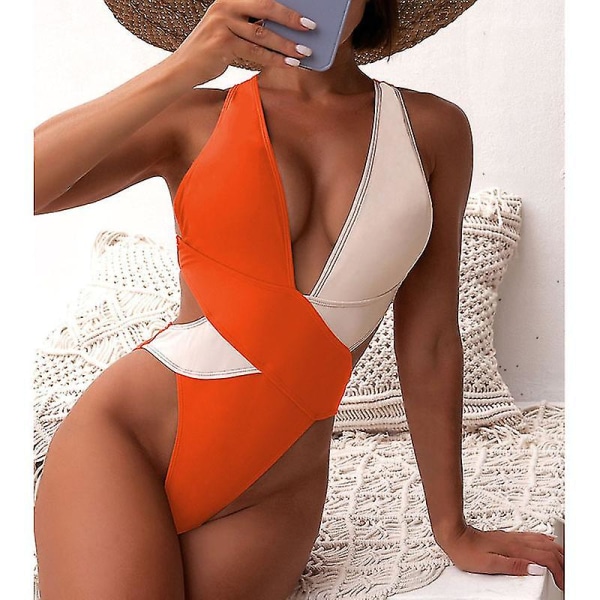 Riseado Color Block Baddräkt One Piece Deep V Baddräkt Orange M