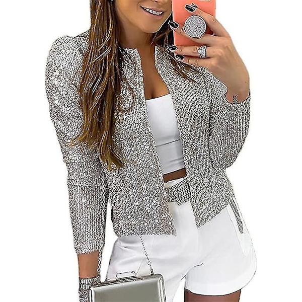 Kvinder Pailletjakke Åben Front Jakke Party Jul Puff Ærme Sparkly Frakker Silver S