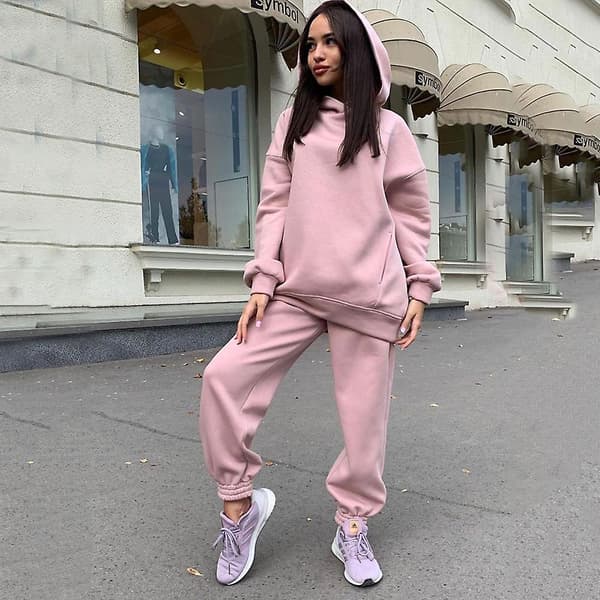 2-delt Hoodies Sæt Ensfarvet Pullover Sweatshirt & Sweatpants Tykt træningssæt Pink M