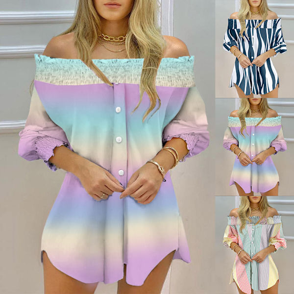 Dameskjorte med stribet print Dame langærmet bluse off Shoulder Pattern 2 L
