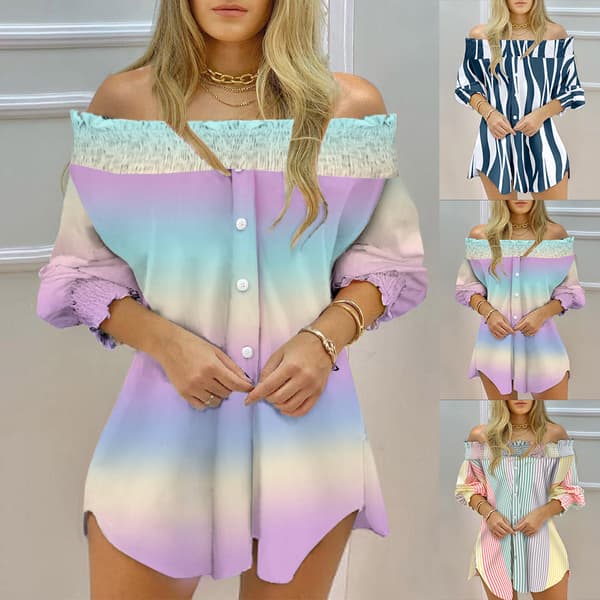 Dameskjorte med stripete trykk Dame langermet bluse off Shoulder Pattern 2 L