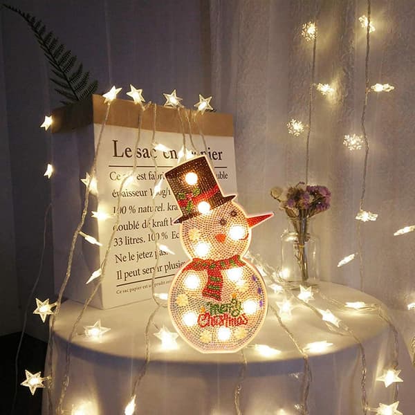 Diamantmalingslampe, DIY LED Diamantmaling Snømann Nattlys