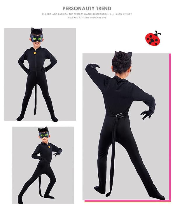Cosplay Cat Noir Børne Bodysuit Sort Kat Halloween Sæt W X L