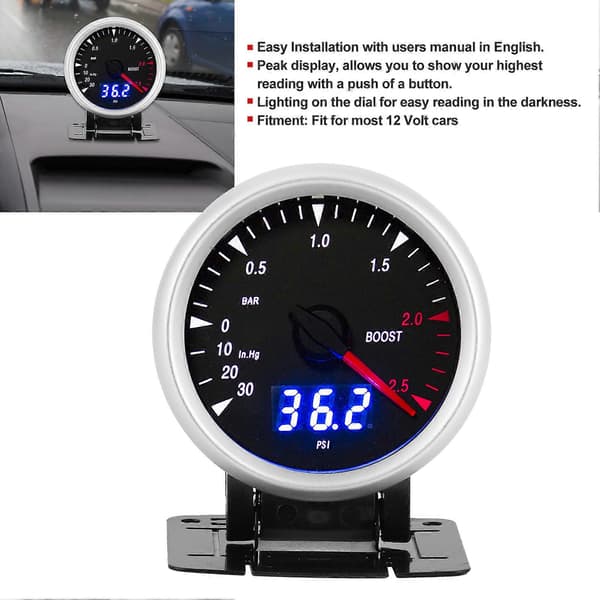 60mm/2.5in 12V Universal LED Bil Turbo Boost Måler ?30?2.5 BAR LED Indikator Kontroll
