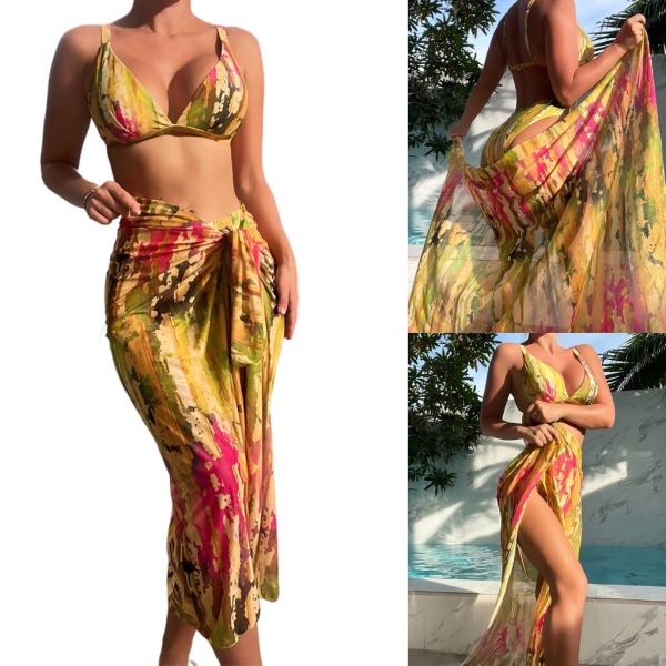 Baddräkt sommar med print för kvinnor 3 delar delade badkläder med strandkjol Dam högskurna bikini baddräkt Strandkläder L