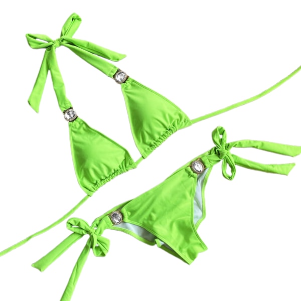 Kvinners Sommer Sexy Bikini Sett Halterneck med Rhinestone Triangel BH Sidebånd Bandasje Underdeler Badedrakt Ensfarget Leopard Smykker Badedrakt Green M