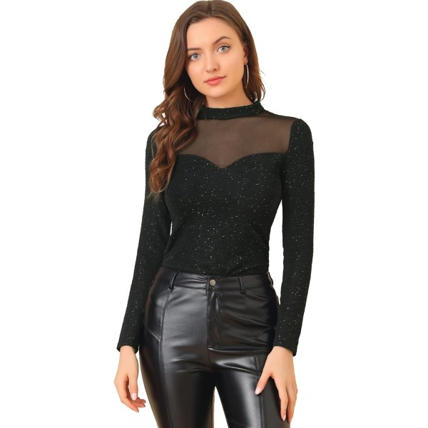 Dame Slim Fit Bluse Mesh Insert Mock Neck Topp