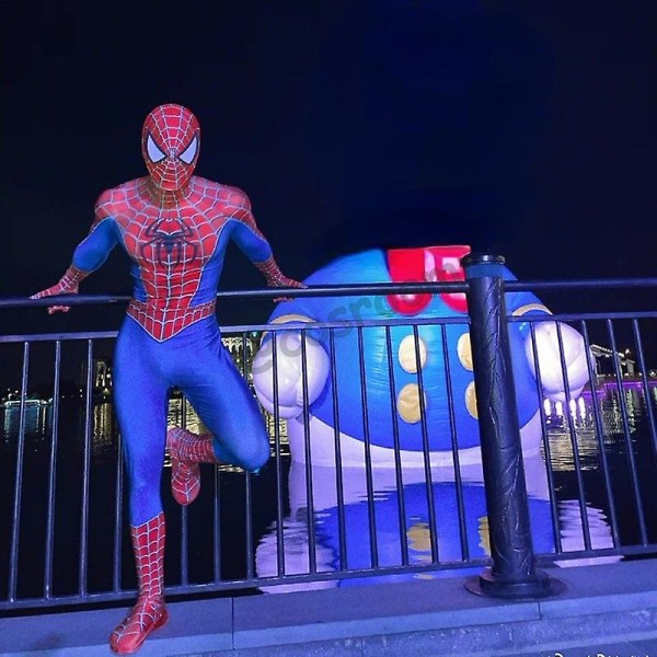 2023-spiderman Tobey Maguire kostym Röd Raimi Cosplay Superhjälte Jumpsuit Halloween kostym Karnevalsfest Spandex för vuxen/barn-1 mesh mask 90-100cm