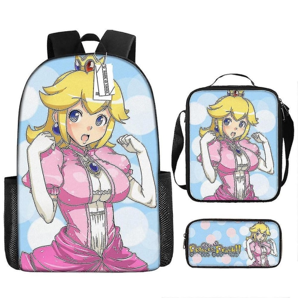 Dejlig Princess Peach Skoletaske Rejserygsæk Madkasse Etui Gave til børn studerende 8