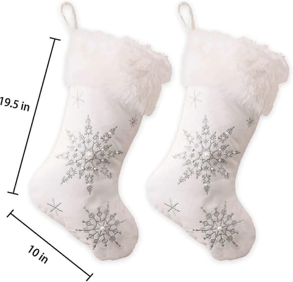 Julestrømper Store Hvite Julestrømper Med Sølv Snøfnugg Korssting, Pels, 2 Pakning