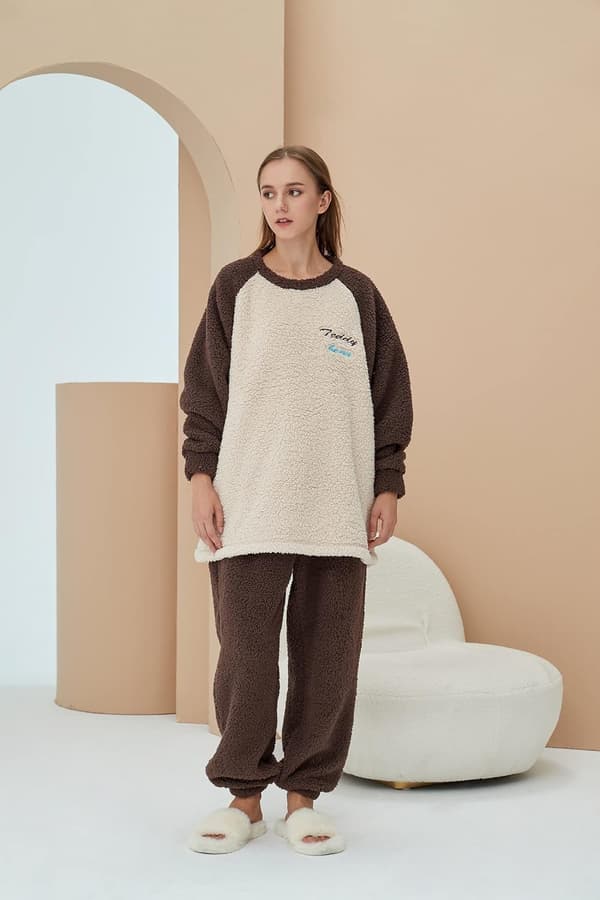 Dam Fluffy Pyjamas Set Fleecetröja byxor Lös plysch