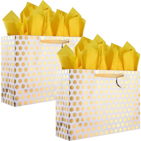 2-pack 16,5" extra stora presentpåsar med silkespapper för presenter (guld prickig)