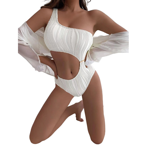 Kvinnor En-axel Ribbad-Bikini Cutout Baddräkt Badkläder Baddräkter Oregelbunden-könhet exiga Badkläder-Beach White S