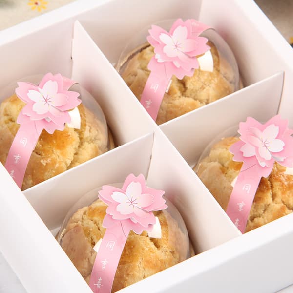 10 st Midhöstens Mooncake Sticker 3D Persika Blomma Safflor Spänne Mini Cupcake Box Förpackningsdekaler Etiketter Leverans Pink