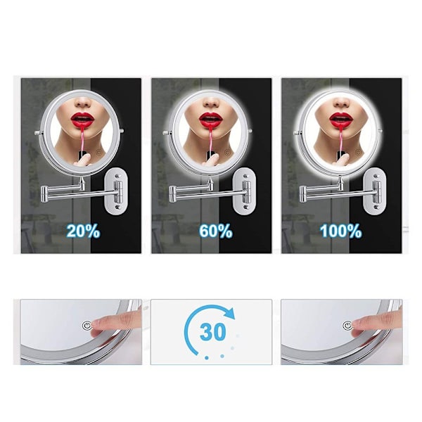 LED Makeup Mirror Förstoring Dimbar belysning 3 färger