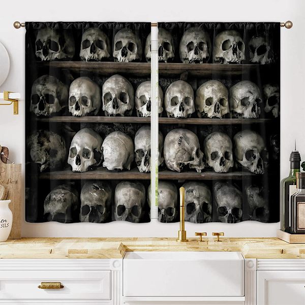 Köksgardiner Skull Halloween Topper Kort Panel Dekor Draperier Style-6 W:28"x H:47"*2 Panels