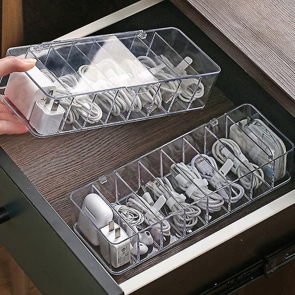 Cable Storage Box Transparent Plastic Data Line Storage Container For Desk Stationery Multifunctional Headset Data Charging Line G white