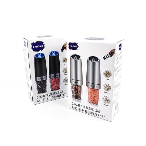 Gravity elektrisk peppar- och saltkvarn sats, justerbar grovhet, SILVER