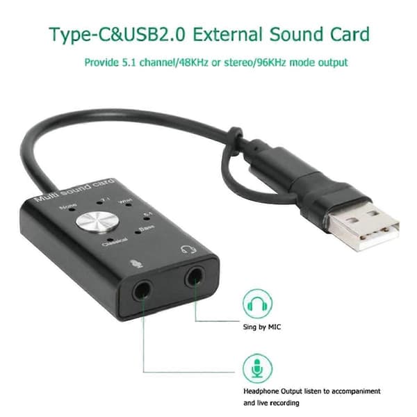 Multi ljudkort USB 2.0 Typ C Stereo Mikrofonadapter Professionell omvandlare för MacBook Bärbar dator Headset PC-högtalare