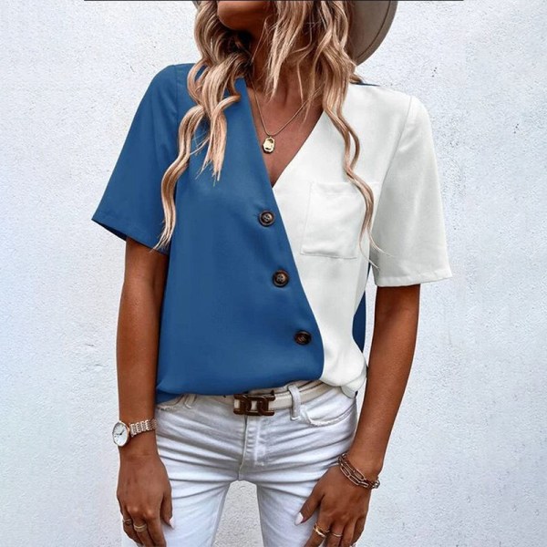 Kvinder Button Down Chiffon Skjorter Lommer Sommer Toppe Blue L
