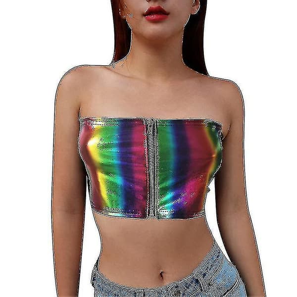 Dame PU-lær ermeløs stroppeløs Basic Sexy Tube Top rainbow M
