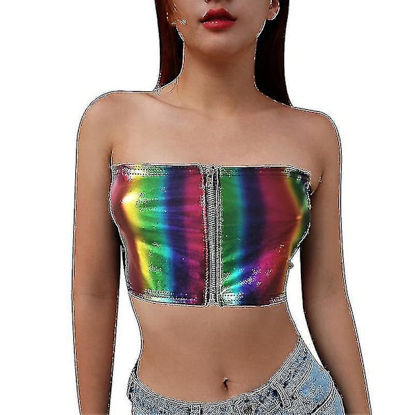 Naisten PU-nahkainen hihaton olkaimeton Basic Seksikäs Tube Top rainbow M