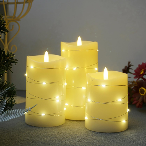 LED-ljus 11-knapps fjärrkontroll elektroniskt ljus 24 timmars timerfunktion blinkande låga ljus 3-delat set (elfenben co