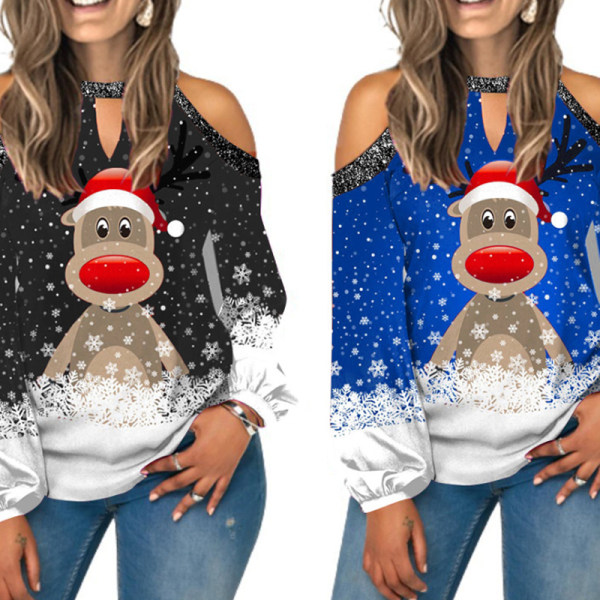 Ny langærmet V-hals bluse med print til kvinder Blue XL