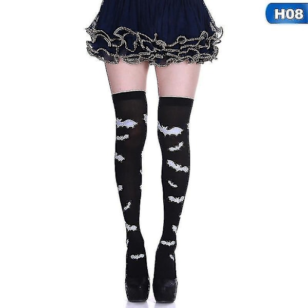 Retro Sjov Halloween Skelet Lang Knæhøj Kostume Flagermus Print Haloween Blød Strømpe