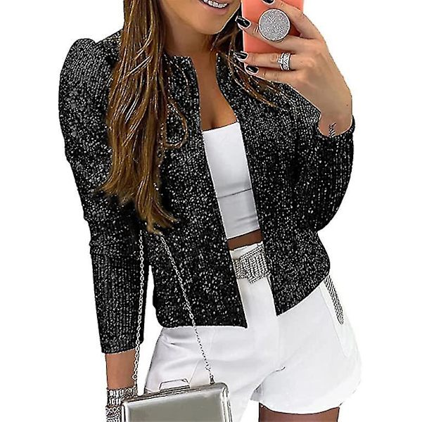 Kvinder Pailletjakke Åben Front Jakke Party Jul Puff Ærme Sparkly Frakker Black S