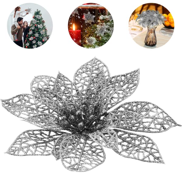 24 stk Christmas Sparkle Julestjerne Blomster Kunstige Silber