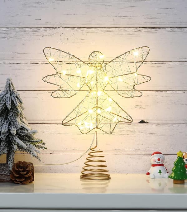 Julestjerne (guld) engelformet med lampe og spiralmetalbase